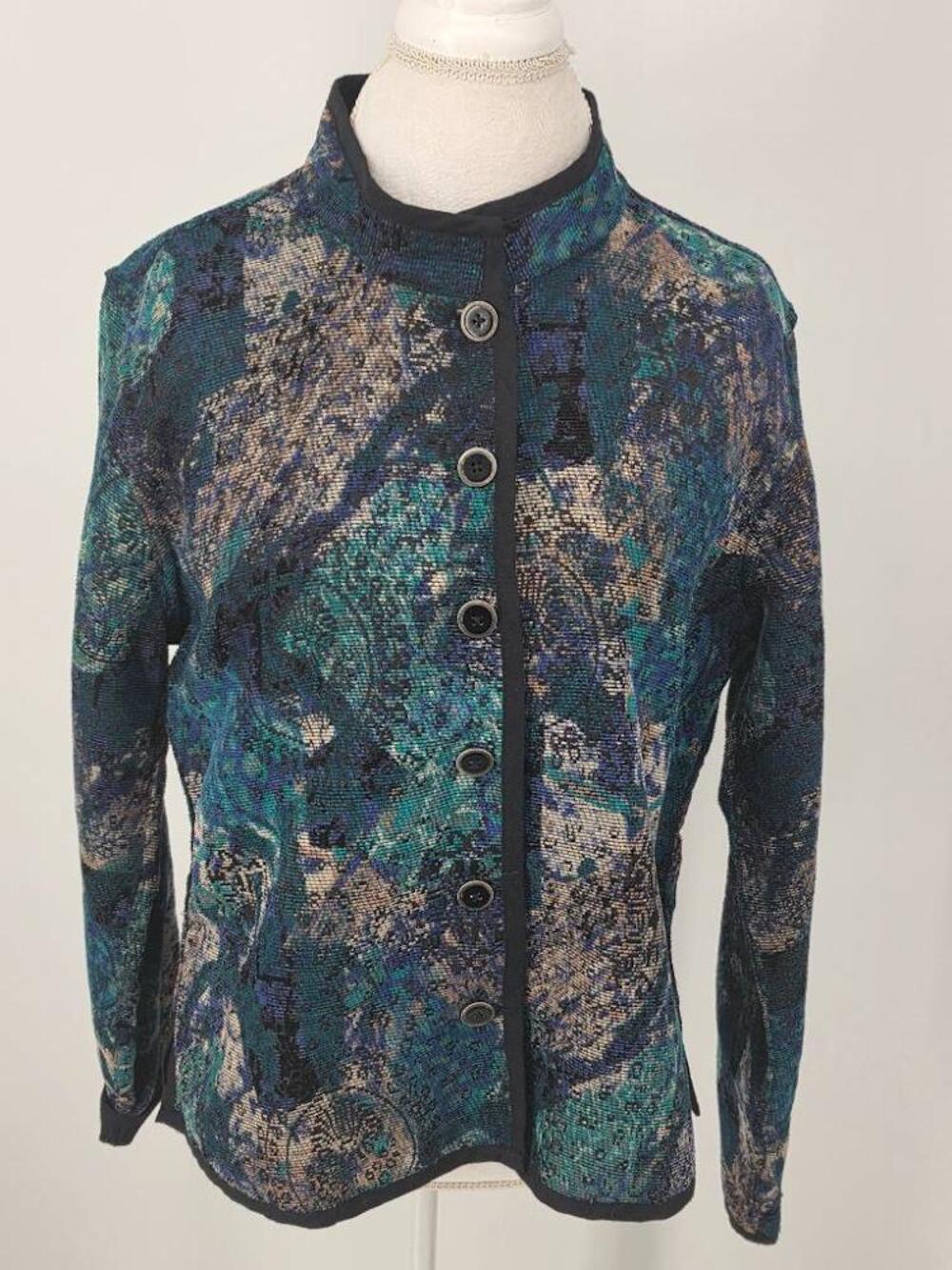 Vintage Reversible Tapestry Jacket Black Teal Medallion Grannycore Blazer Sz M